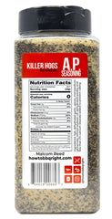 Killer Hogs AP Seasoning shaker dispensing evenly on burgers for consistent taste.