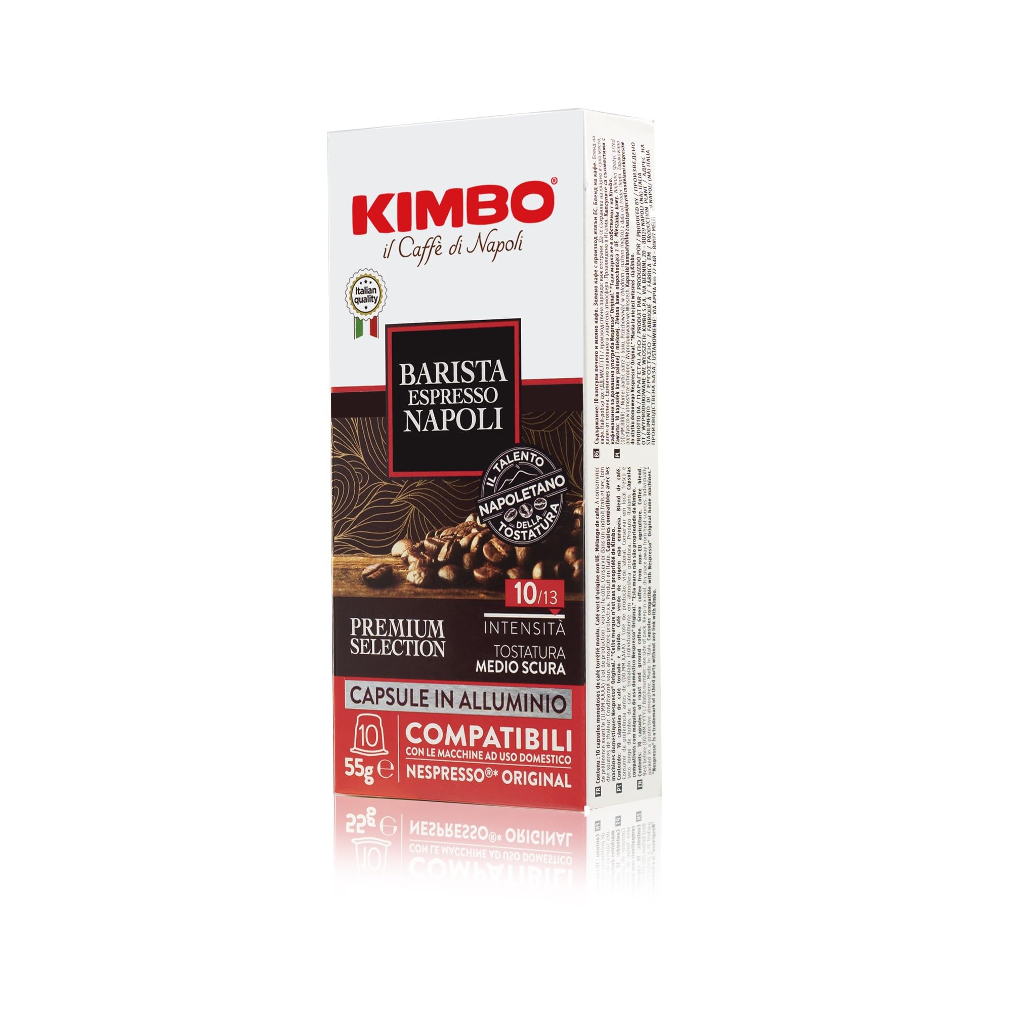 Aluminium packaging preserves aroma and freshness of KIMBO Napoli capsules.