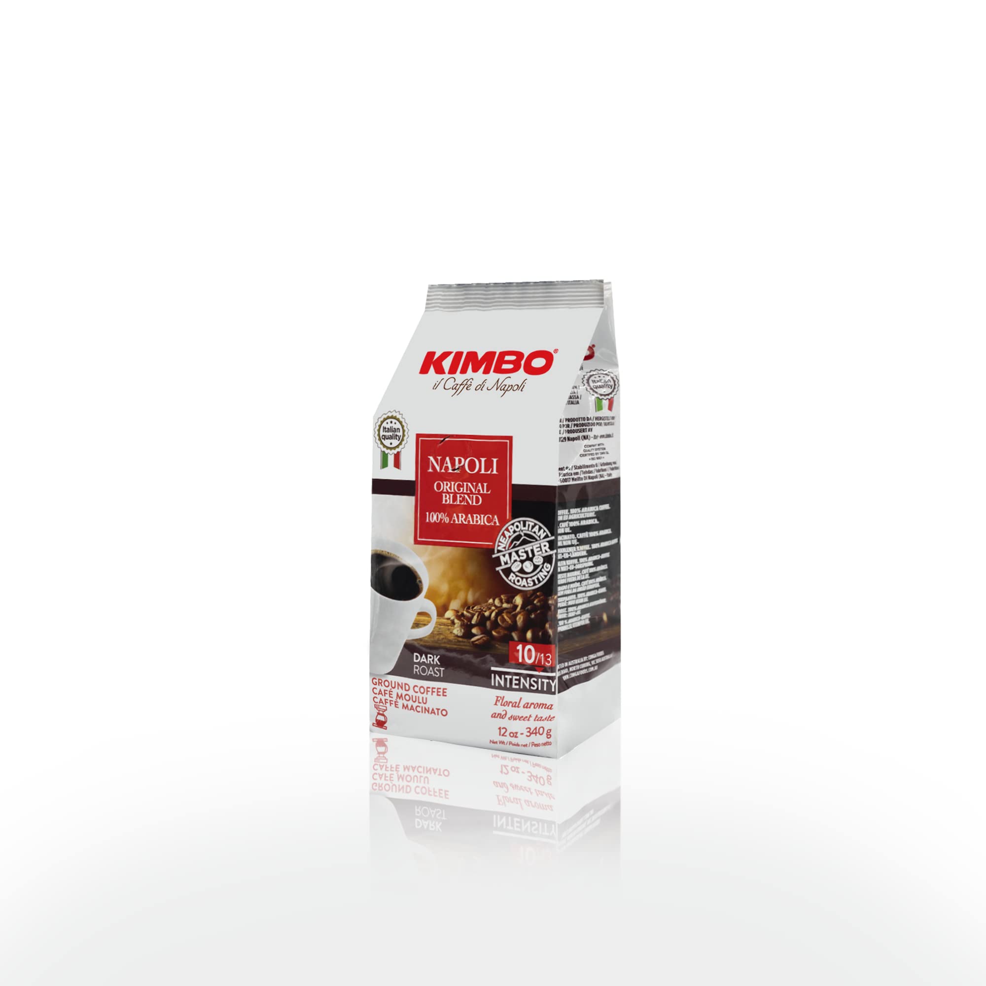 Kimbo Napoli Original Blend coffee bag close-up highlighting 100% Arabica flavor.
