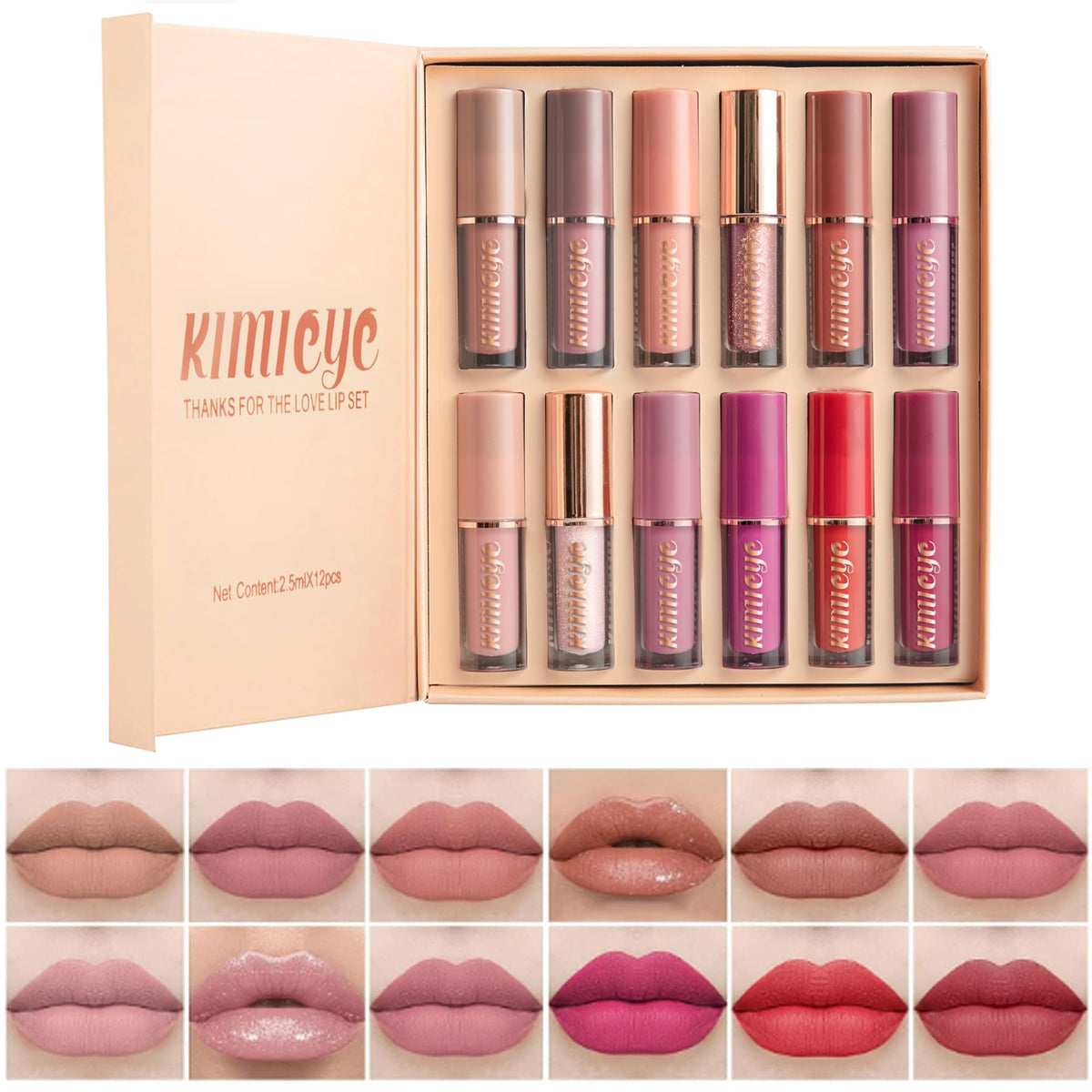 Kimieye 12pc velvet matte lipstick set swatches in rich nude tones for all-day wear.