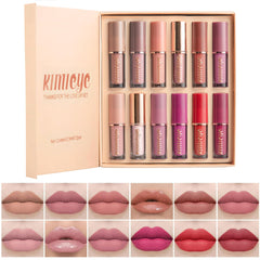 Kimieye 12pc velvet matte lipstick set swatches in rich nude tones for all-day wear.