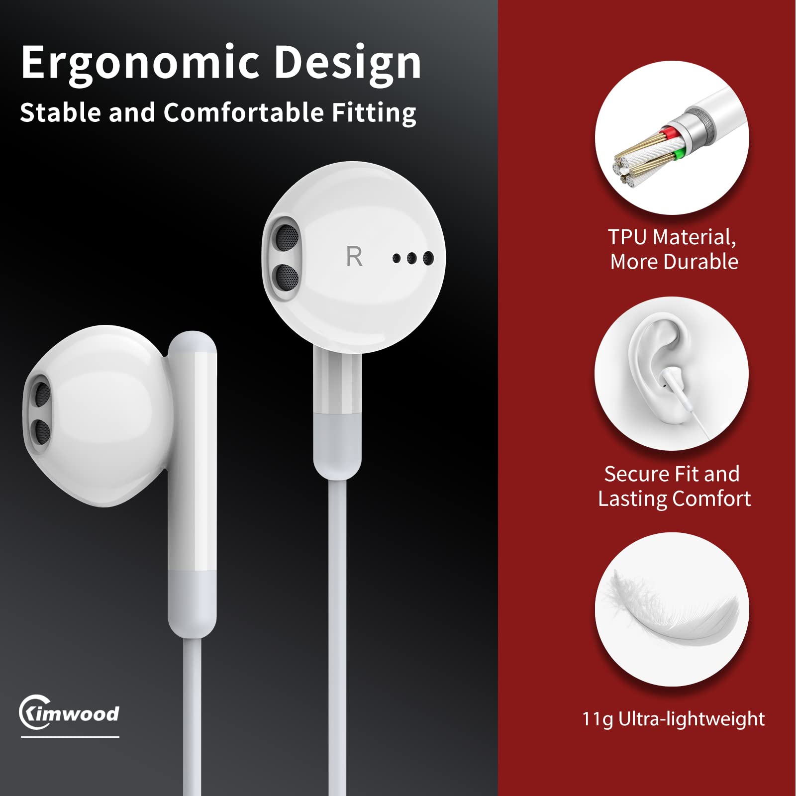 Kimwood ergonomic wired earbuds designed for secure comfort during workouts.