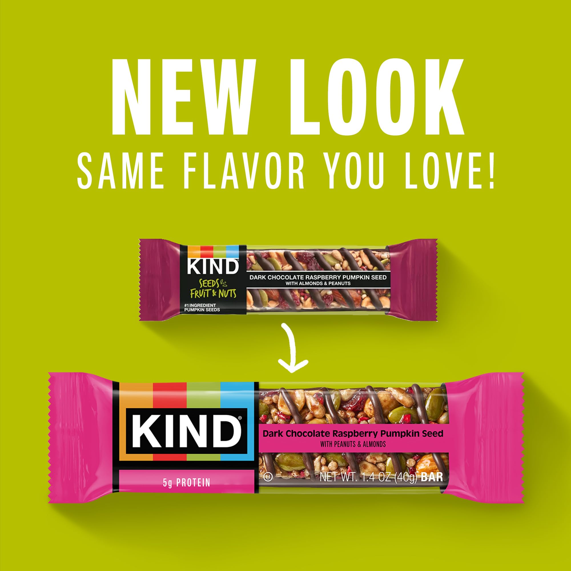 KIND Dark Chocolate Raspberry Pumpkin Seed bar with pumpkin seeds for texture and flavor.