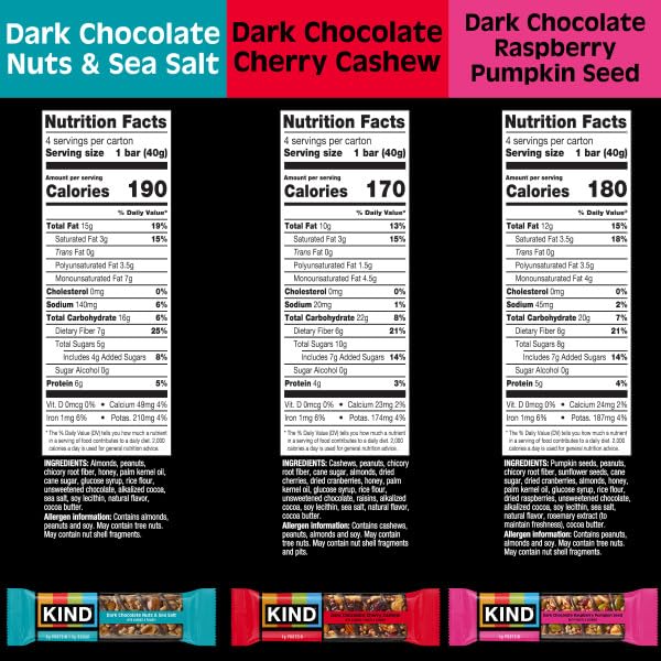 KIND Dark Chocolate Cherry Cashew bar with cashews and cherry notes for on-the-go snacking.