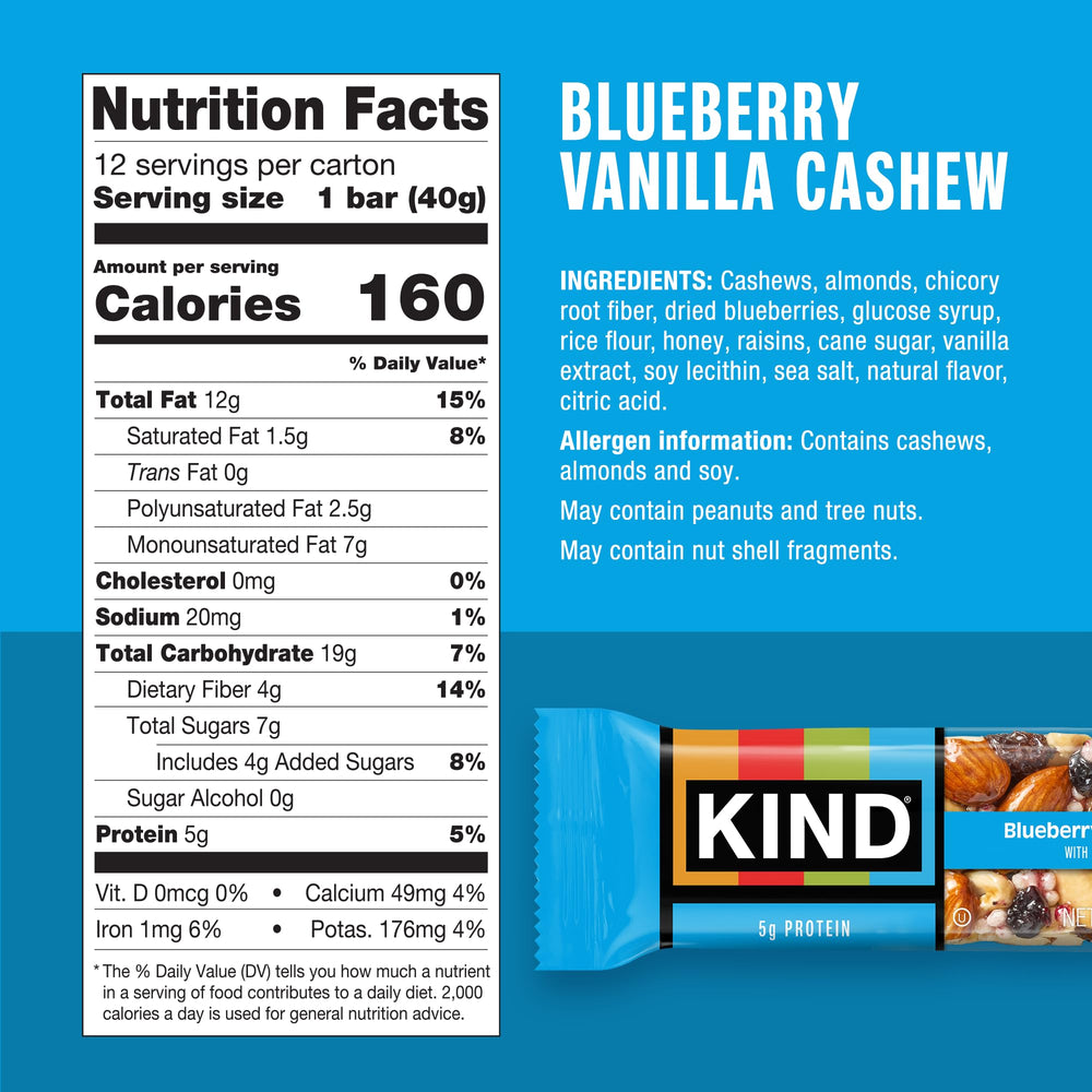 KIND Blueberry Vanilla Cashew bar close-up, crunchy texture from cashews and blueberries for a quick snack.