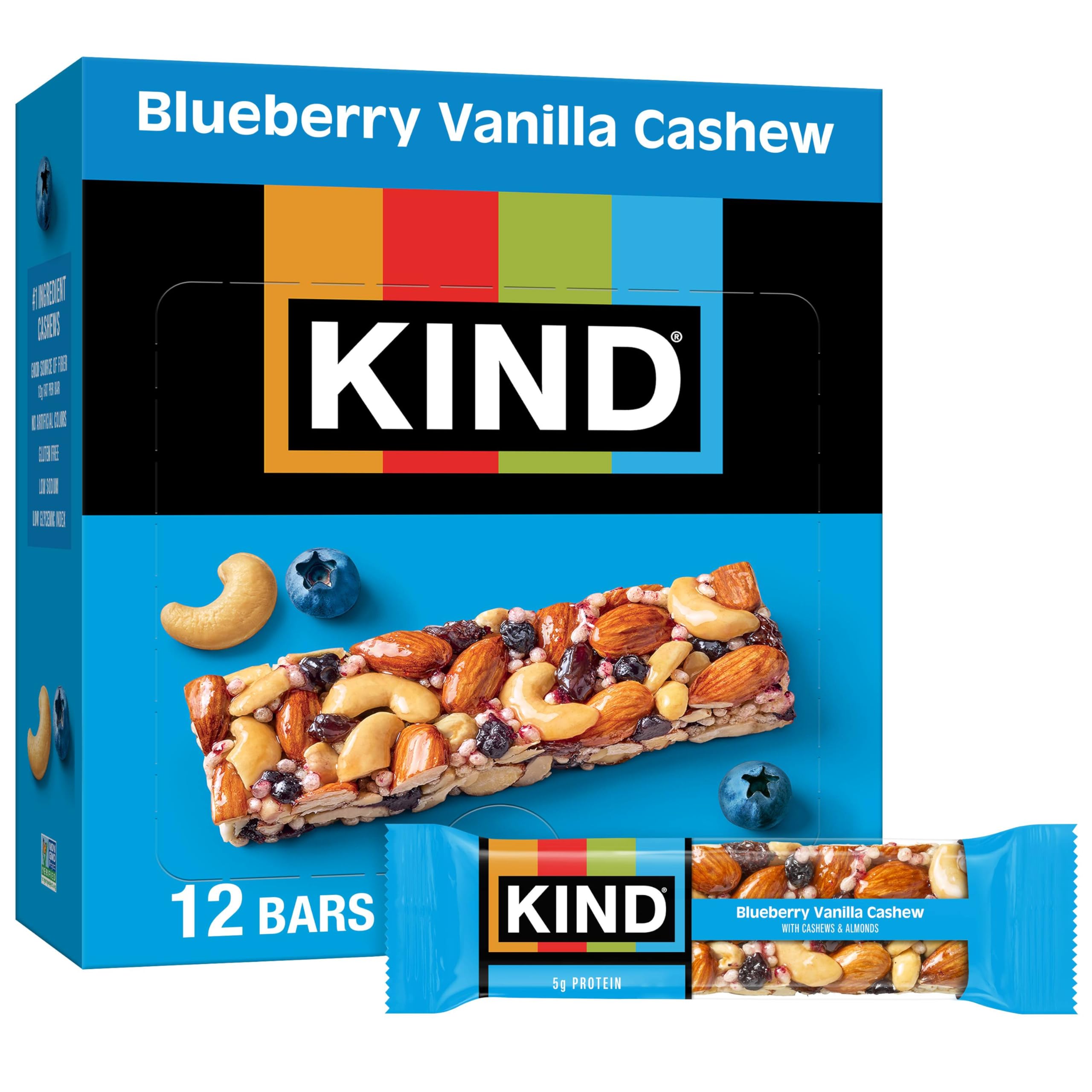 KIND Blueberry Vanilla Cashew bar in packaging, gluten-free snack with protein for on-the-go energy.