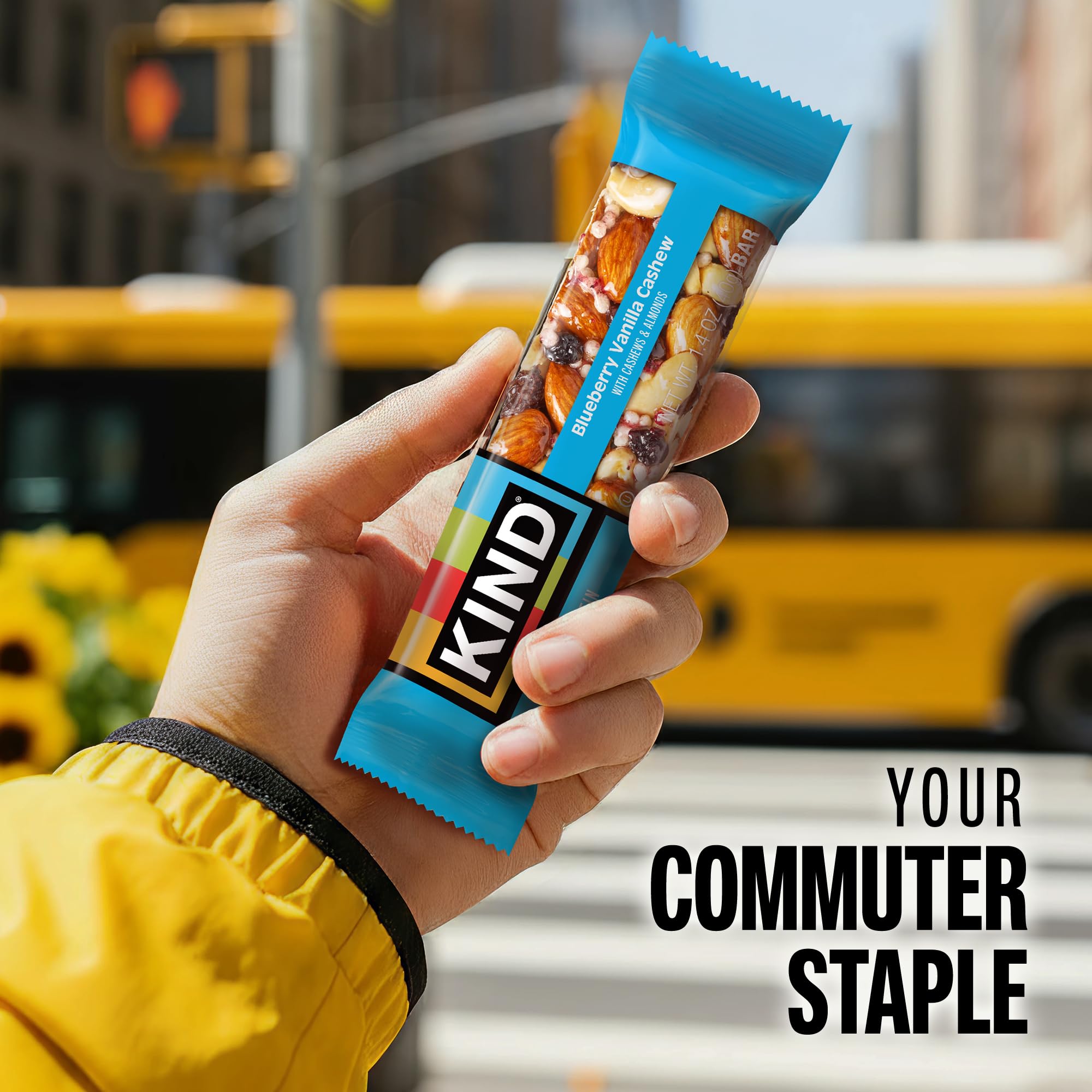 KIND Blueberry Vanilla Cashew bar 1.4 oz serving, portable snack.