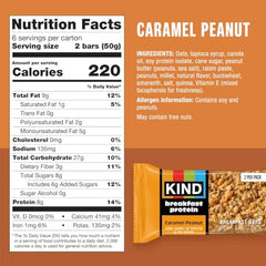 KIND Breakfast bar close-up highlighting 8g protein and chewy texture.