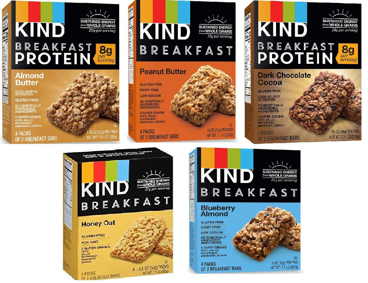 Kind Breakfast Bars variety-pack box front for on-the-go mornings.