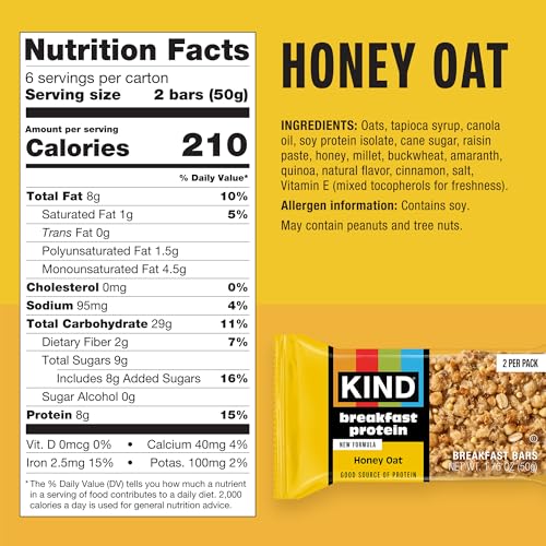 KIND Breakfast Protein Bars Honey Oat front bar shows a ready-to-eat wholesome snack.