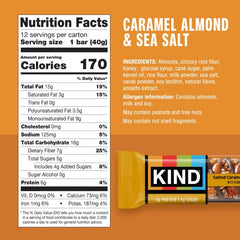 Close-up of KIND Caramel Almond & Sea Salt bar with caramel and almonds.