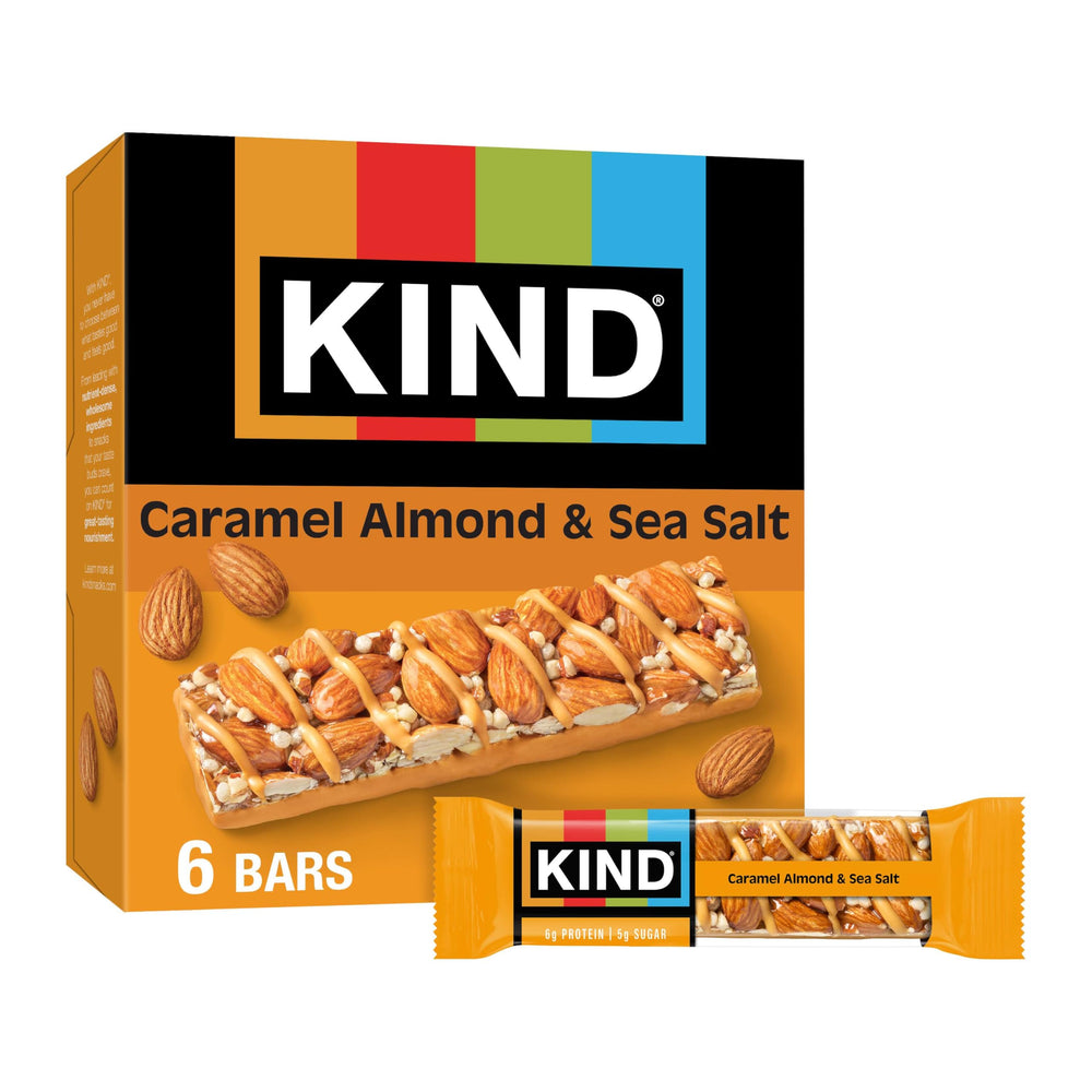 KIND Caramel Almond & Sea Salt bar pack—gluten-free, convenient six-bar box.