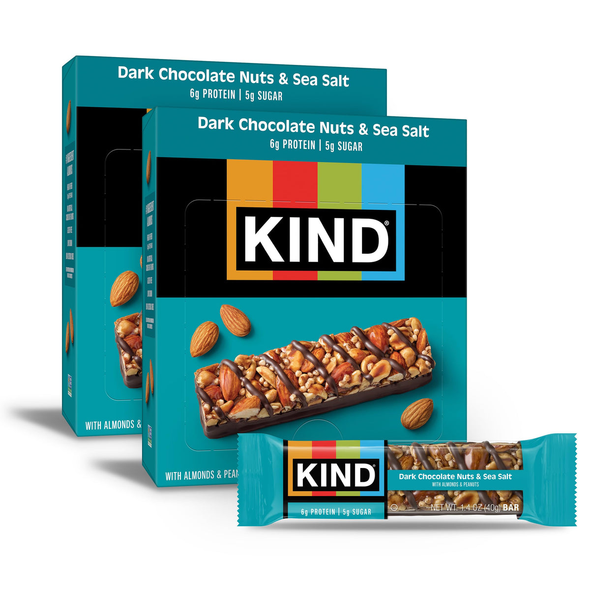 KIND dark chocolate nuts and sea salt bar on-the-go energy from almonds and chocolate.