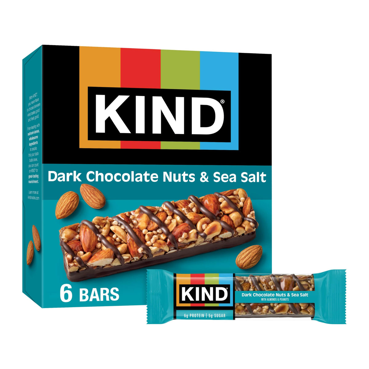 KIND Dark Chocolate Nuts & Sea Salt bar, close-up of nuts and chocolate crunch, on-the-go snack.
