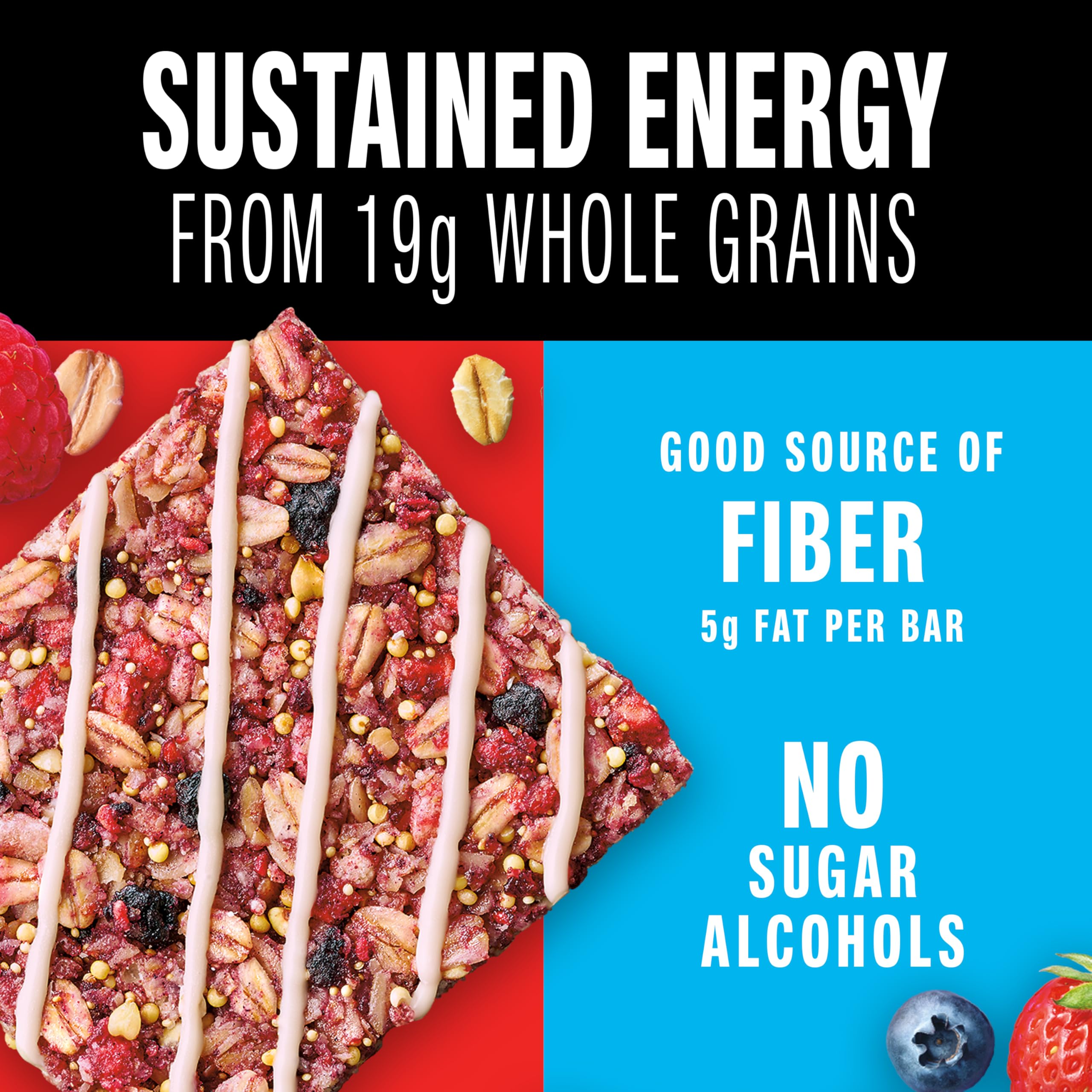 KIND Five super grains blend shown with berry pieces for a nutritious bar