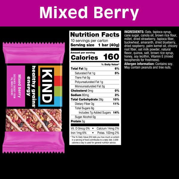KIND Healthy Grains bar close-up showing berries and grains for a chewy-crunchy bite anytime