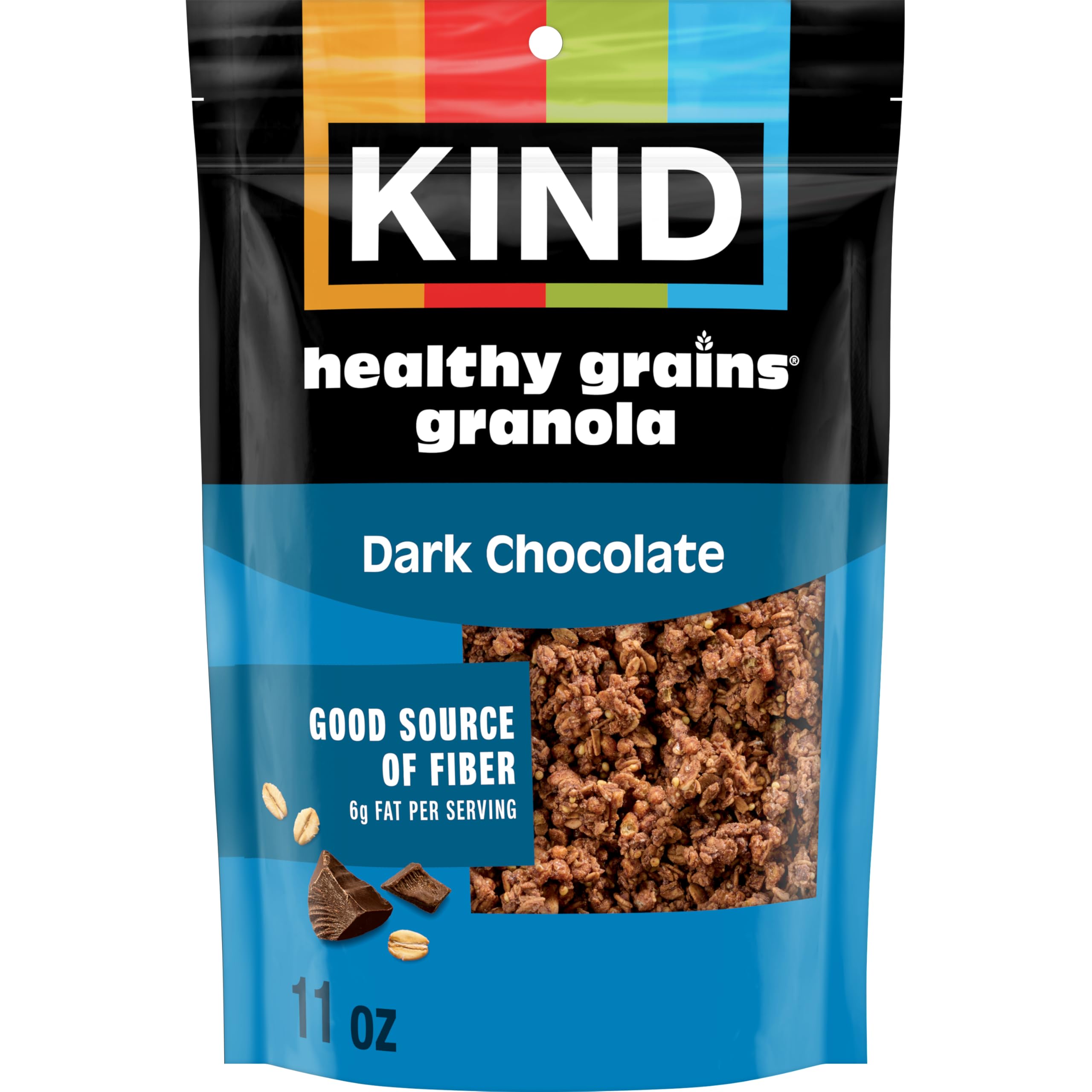 Kind Healthy Grains Dark Chocolate Clusters bag, gluten-free snack with 10 g protein