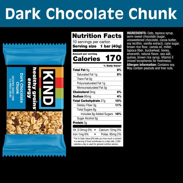 KIND Healthy Grains Energy Bars packaging highlighting five grains and chocolate.