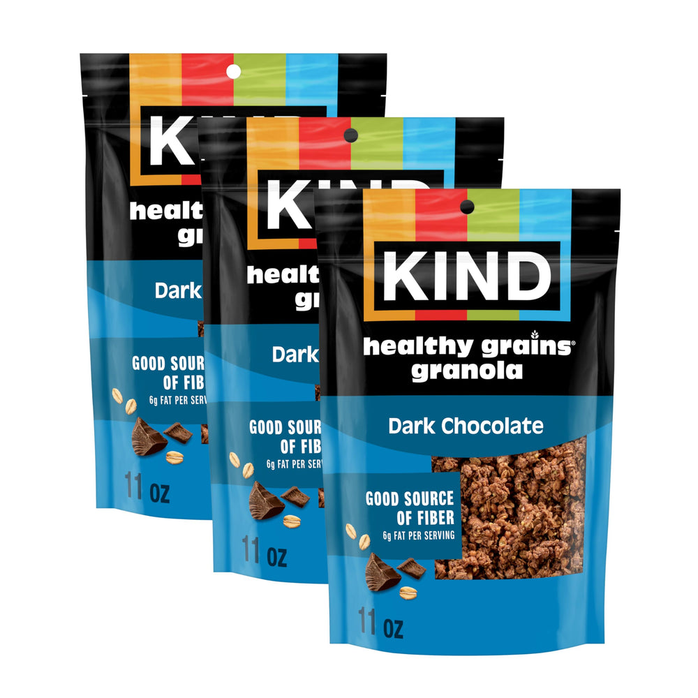 KIND Healthy Grains dark chocolate clusters 3-pack packaging for on-the-go snacking
