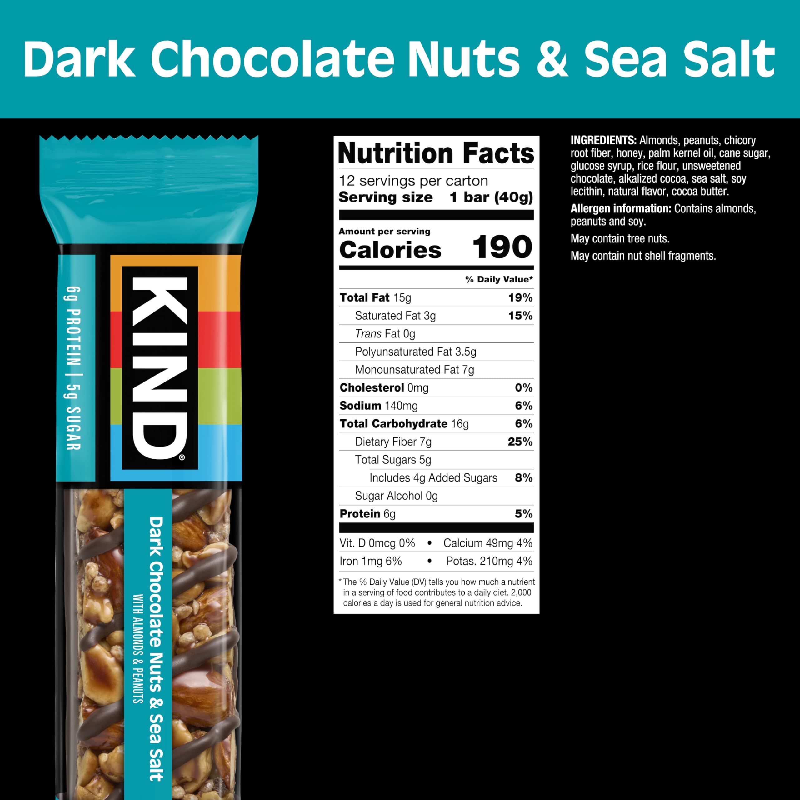 KIND dark chocolate nuts and sea salt bar showcases almonds as the number one ingredient.