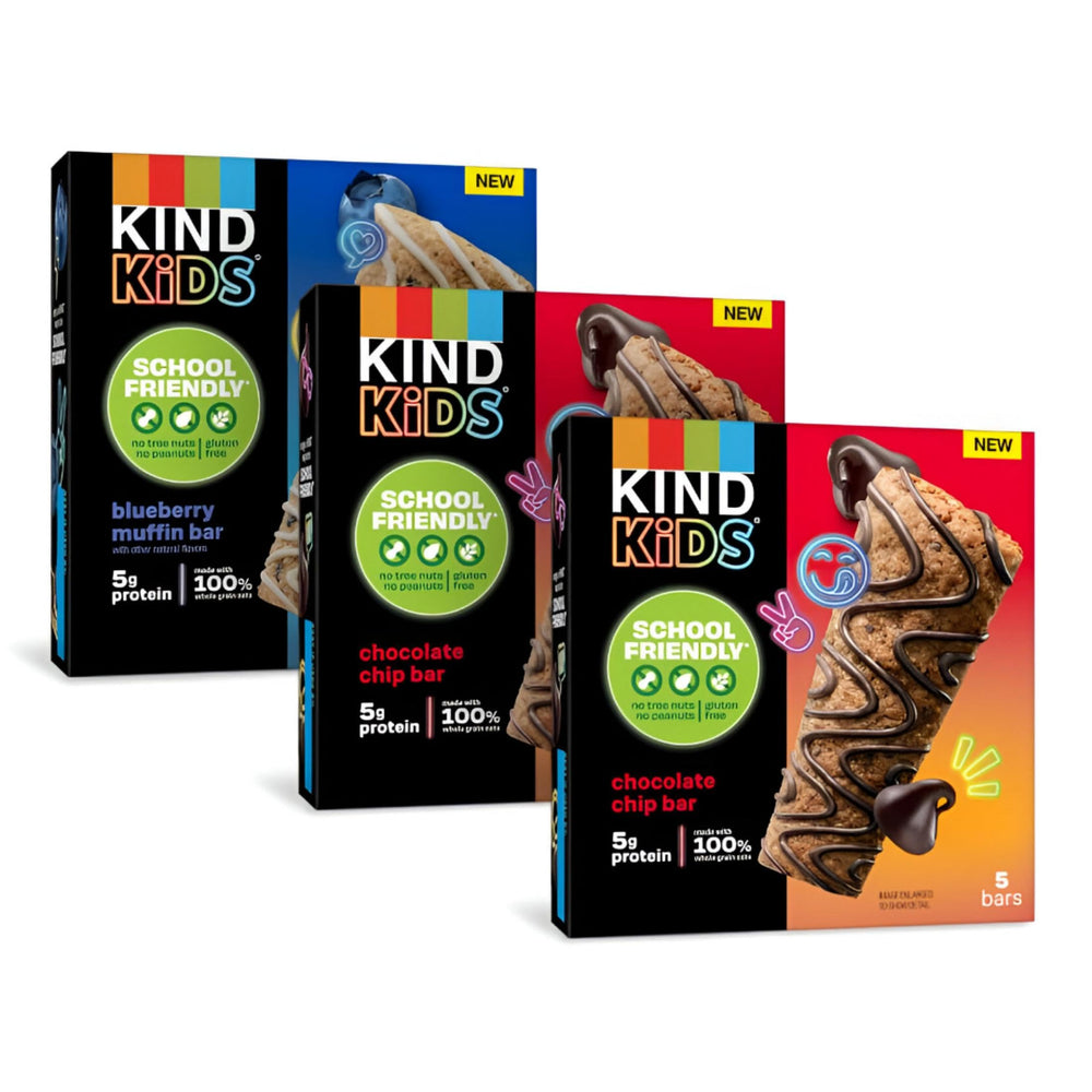 KIND Kids variety pack packaging highlights gluten-free, peanut-free bars for school snacks.