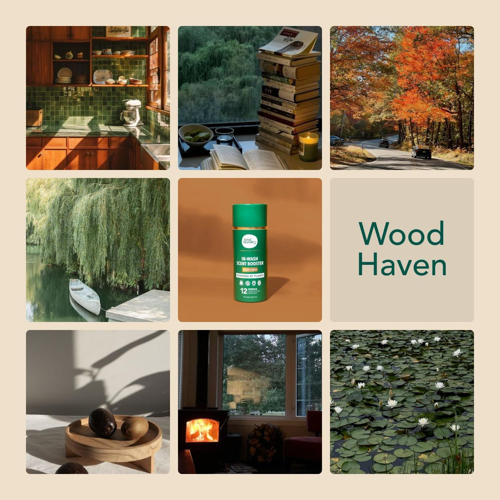 Kind Laundry Wood Haven label detail with plant-based formula information.