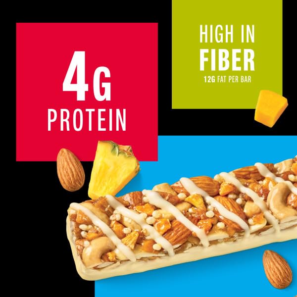 KIND Mango Pineapple Nut bar closeup with visible fruit pieces and nuts for a wholesome bite.