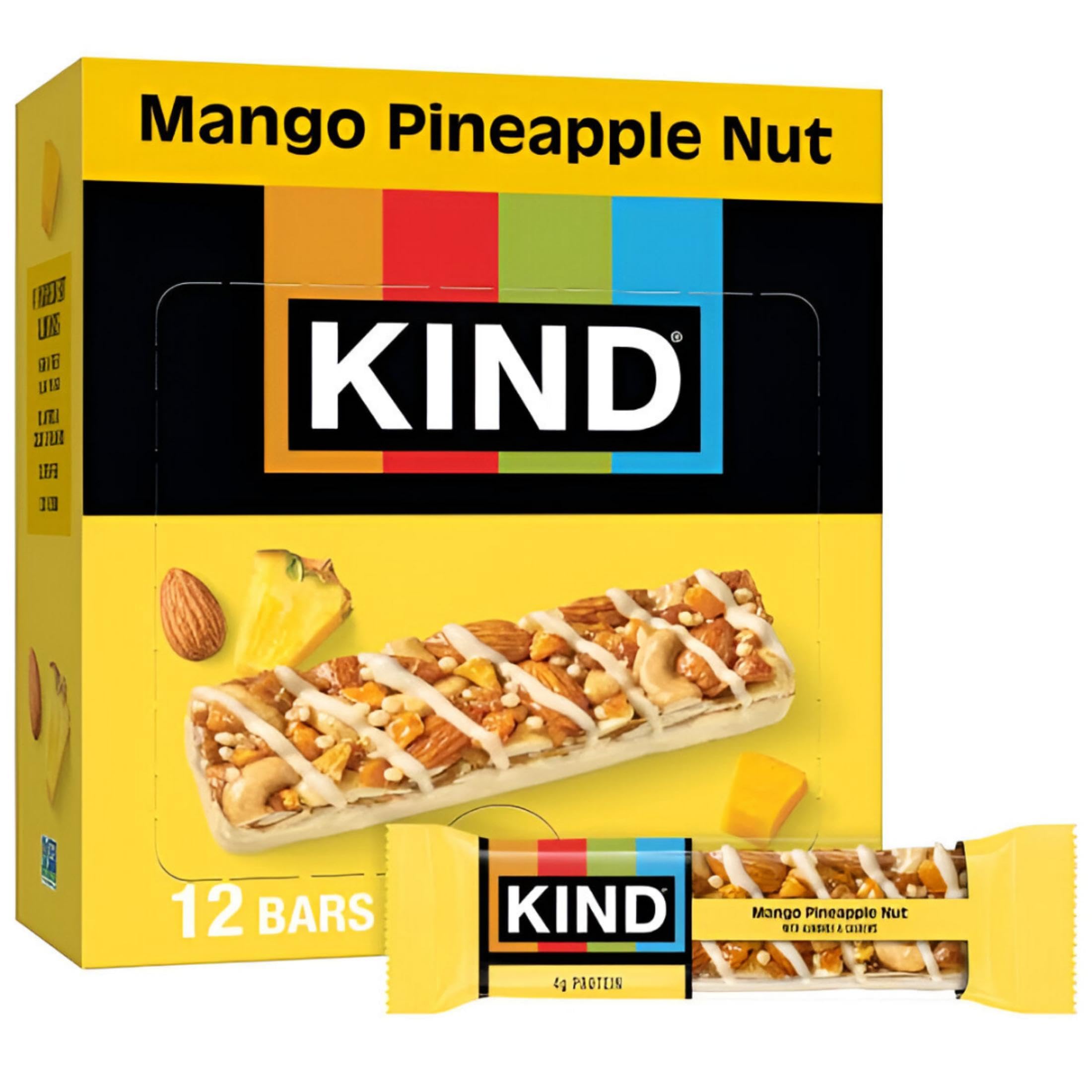 KIND Mango Pineapple Nut bar wrap shows convenient single-serve packaging for on-the-go snacking.