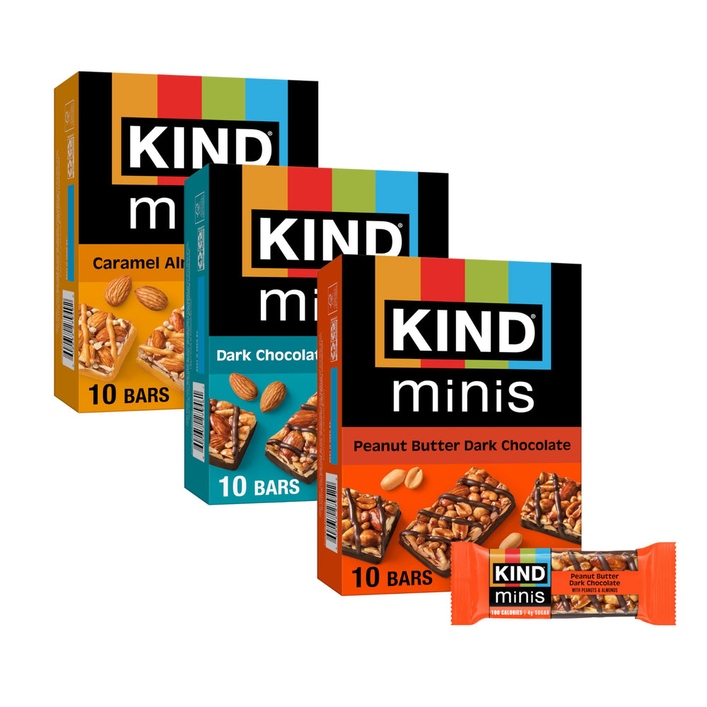 KIND Mini Bars dark chocolate nuts sea salt: gluten-free, low sugar snack on the go.