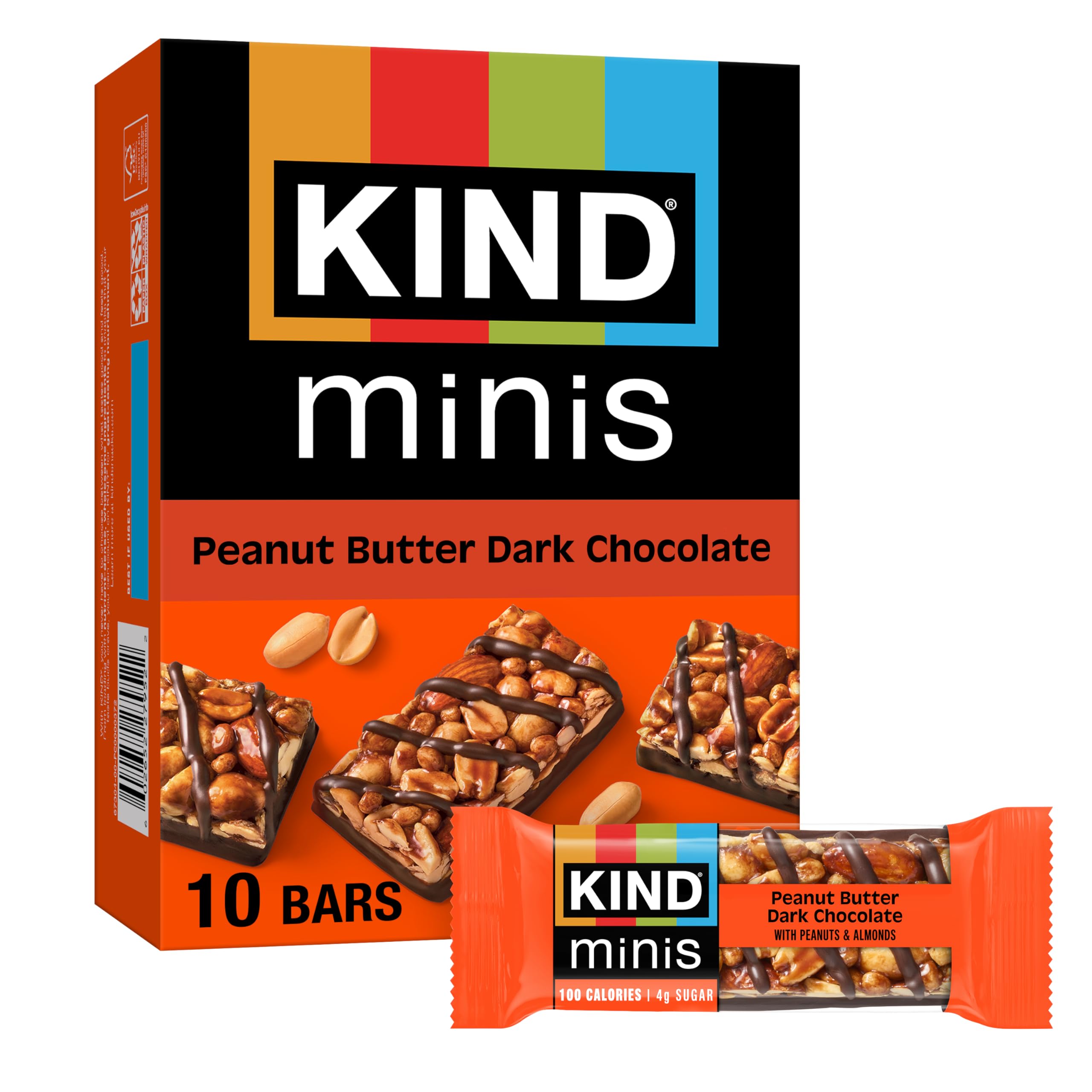 KIND Mini Bars Peanut Butter Dark Chocolate pack, gluten-free, 100-calorie snack.