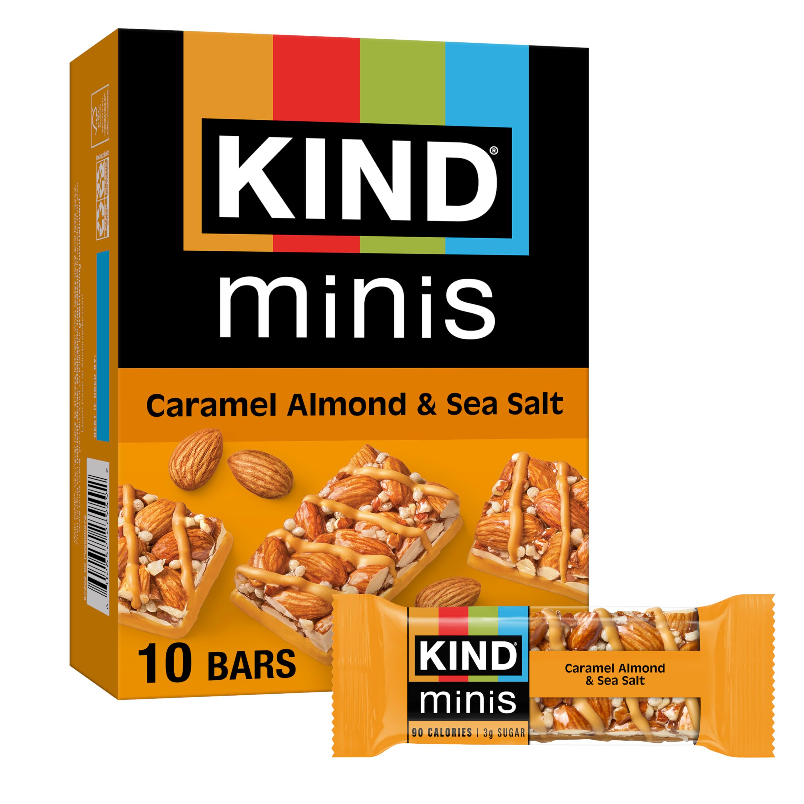 KIND Mini caramel almond sea salt bar shows a portion-controlled snack.
