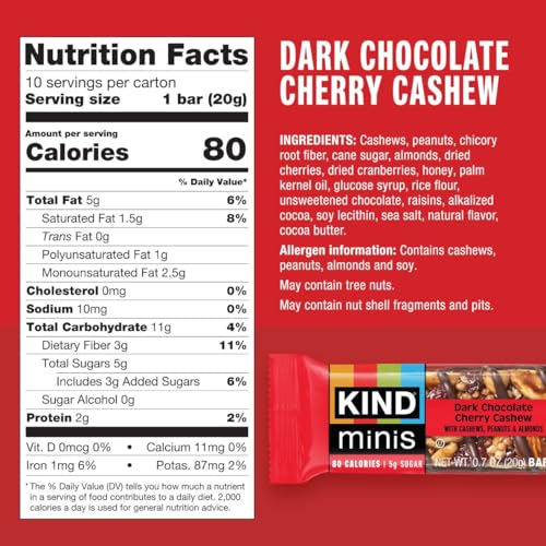 KIND Mini bars highlight cashews as the first ingredient, a nutritious bite.