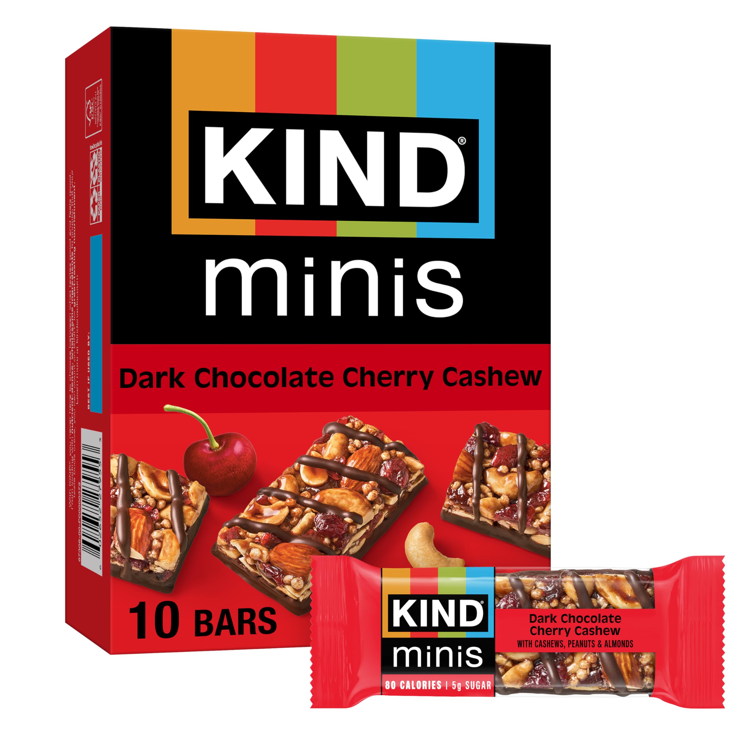 KIND Mini Dark Chocolate Cherry Cashew bar front view, perfect on-the-go treat with real cashews.