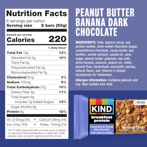 KIND PB Banana Dark Choc Bar breakfast setup, with two-bar pack ready to enjoy.