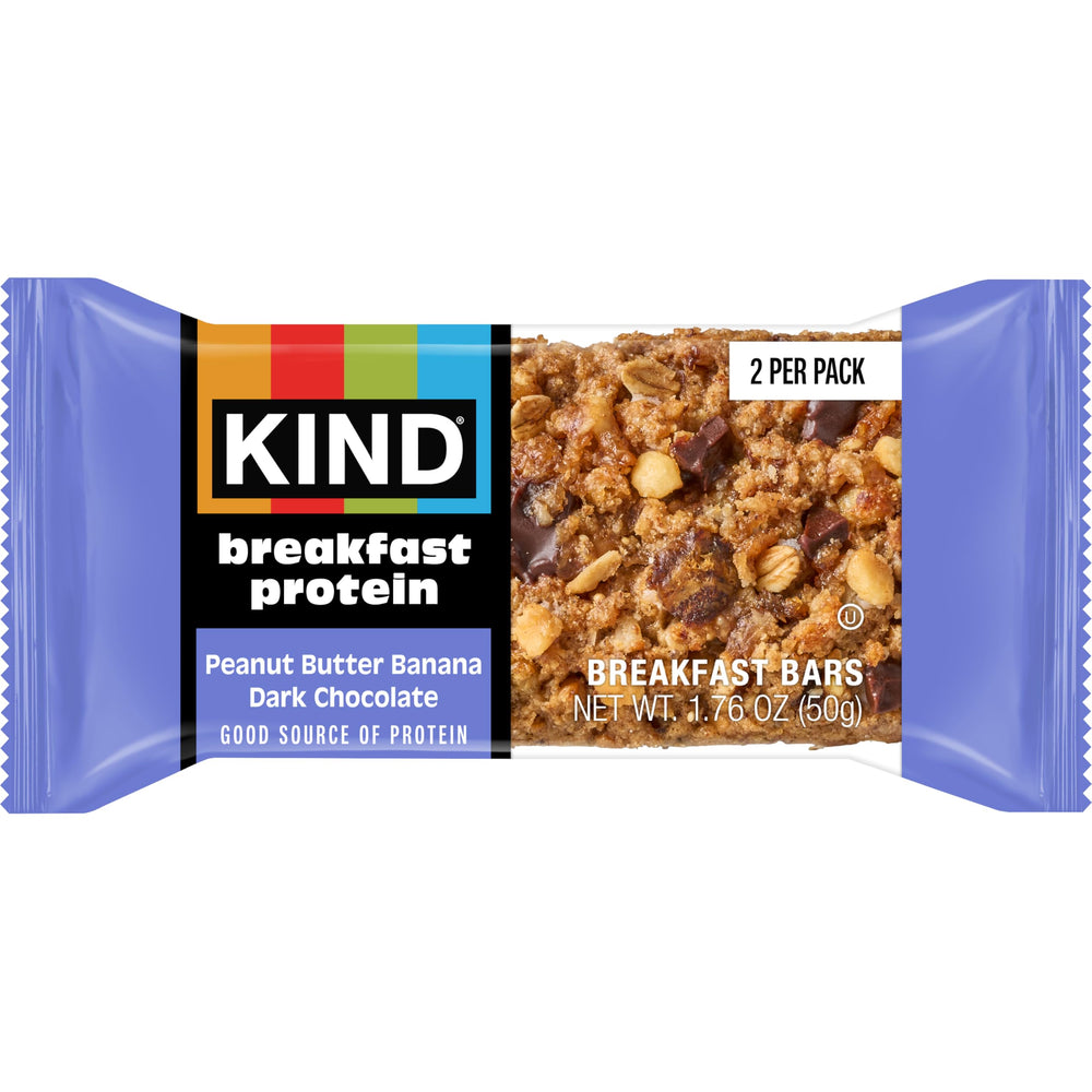 KIND PB Banana Dark Choc Bar ingredients, highlights oats, buckwheat, quinoa, and banana flavor.