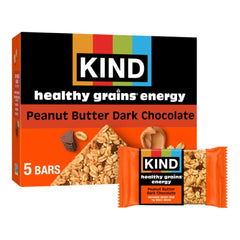 KIND Peanut Butter Dark Chocolate energy bar close-up showing whole grains.
