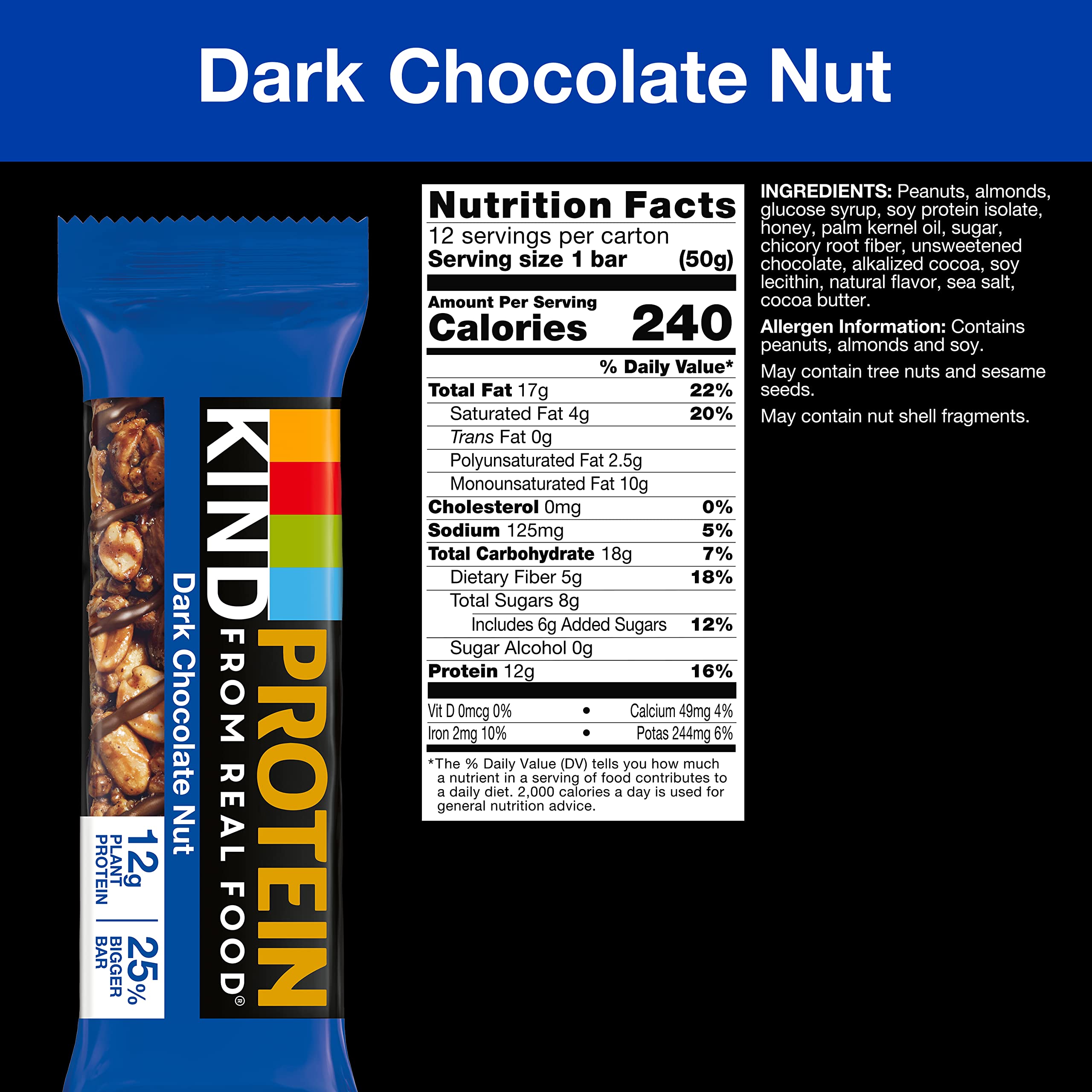 Close-up of KIND Dark Chocolate Nut bar showing crunchy peanuts and almonds for wholesome snacking.