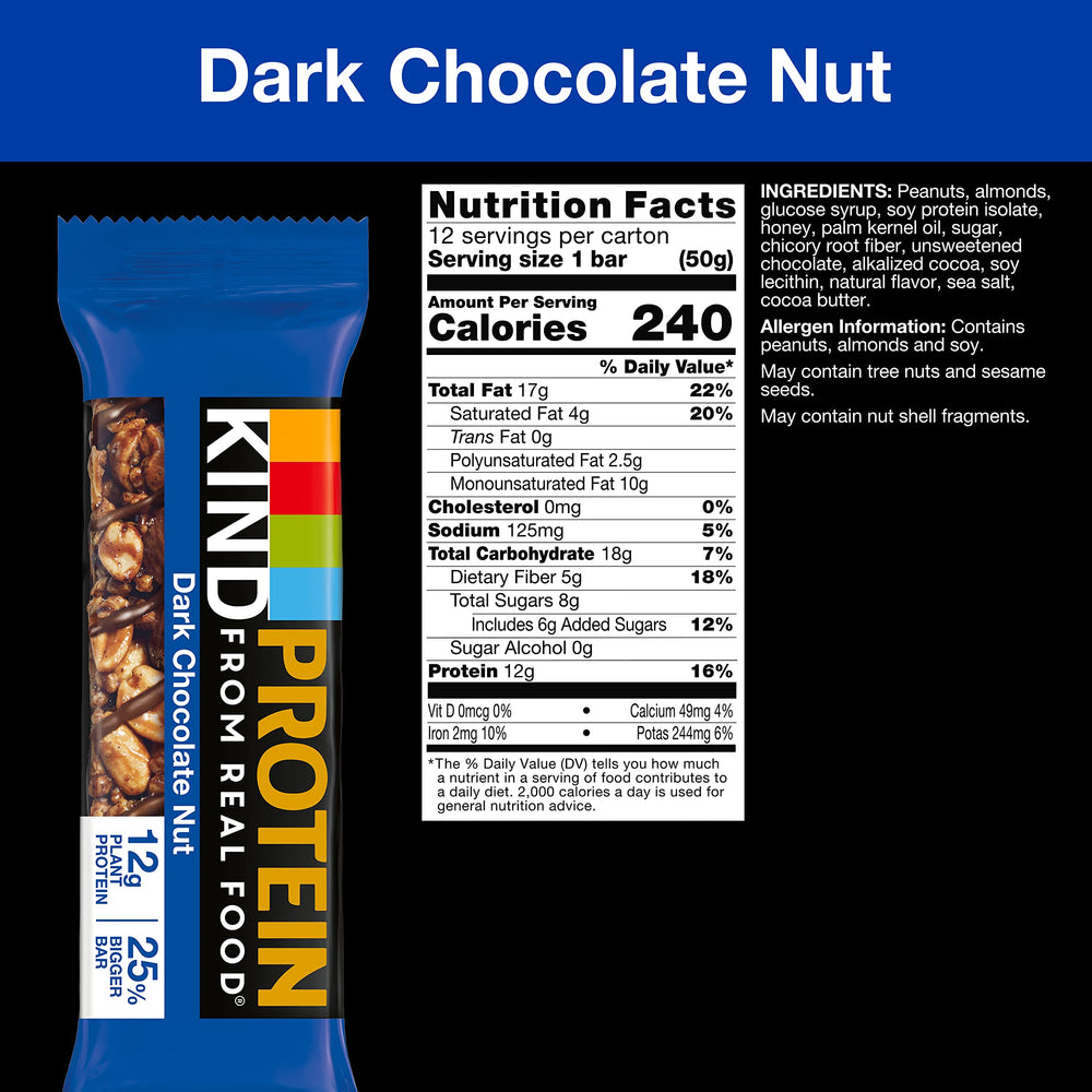 Close-up of KIND Dark Chocolate Nut bar showing crunchy peanuts and almonds for wholesome snacking.