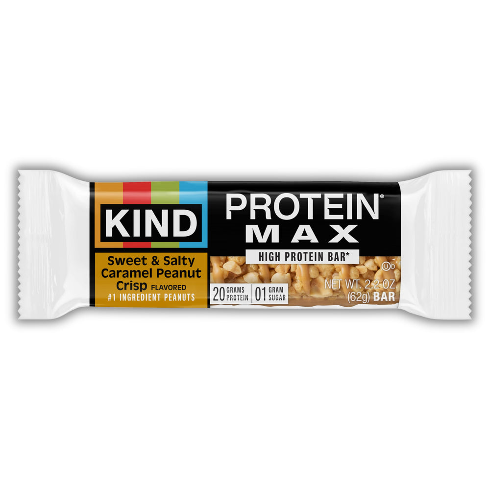 KIND Protein MAX nutrition facts close-up shows 20g protein and 1g sugar.
