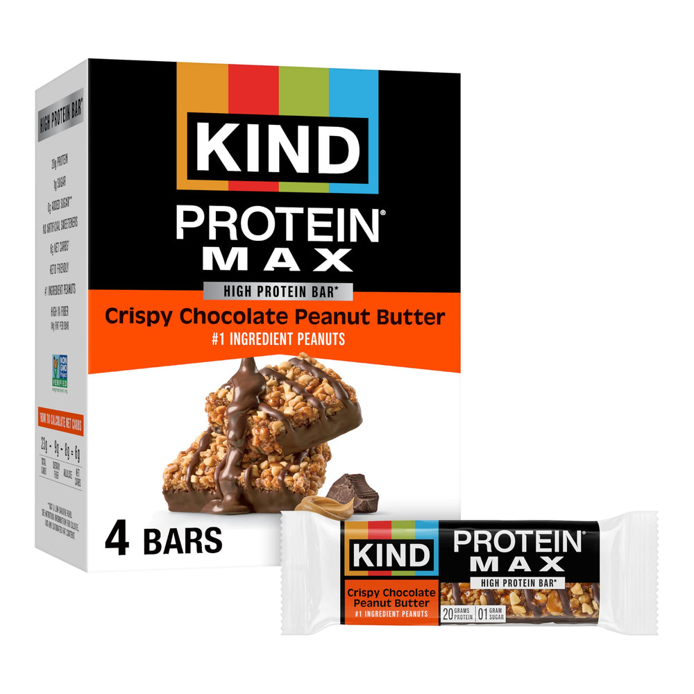 KIND Protein MAX crispy bar front view, chocolate peanut butter flavor, on-the-go protein boost.