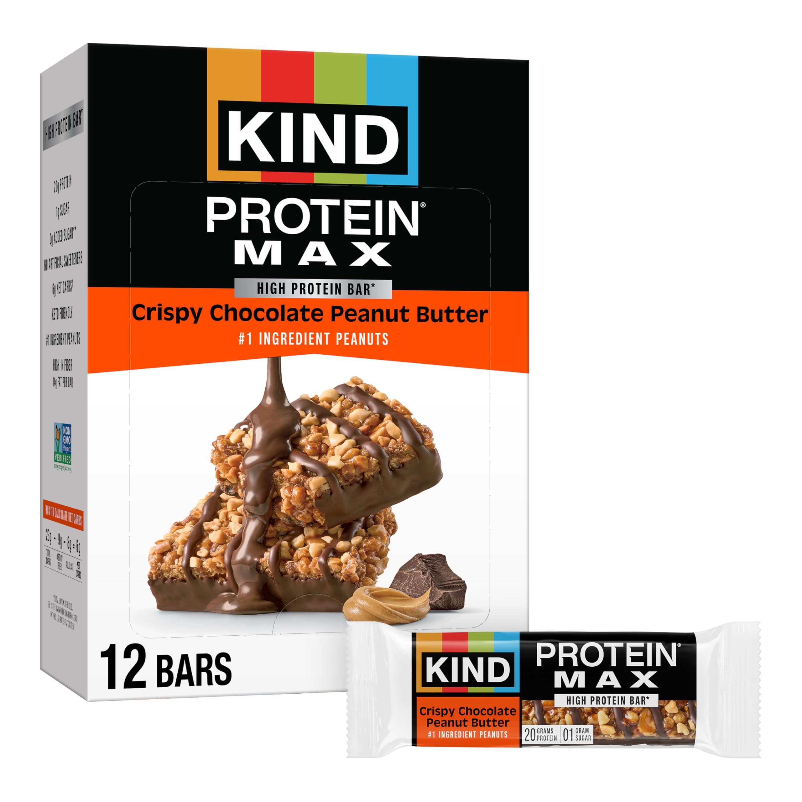 KIND Protein MAX Crispy Chocolate Peanut Butter Bar pack shot highlighting keto-friendly protein