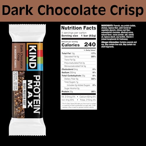 KIND Protein MAX Dark Cocoa Crisp bar, satisfying chocolatey protein.