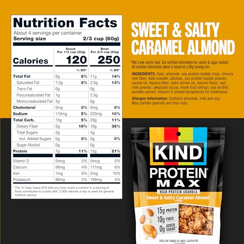 KIND Protein MAX Granola Sweet & Salty Caramel Almond on a spoon for on-the-go snacking.