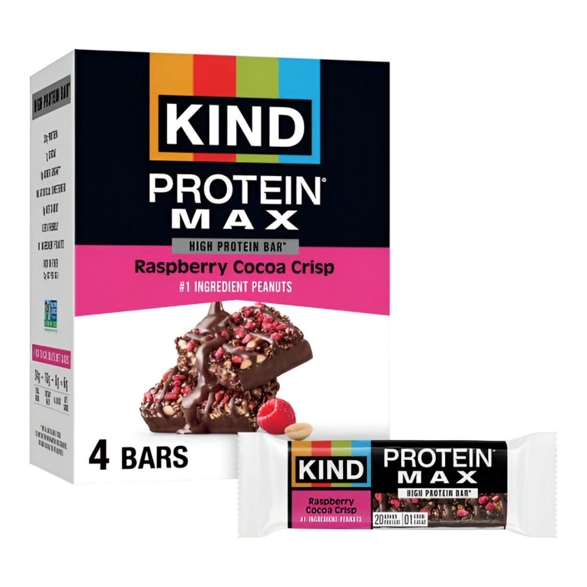 KIND Protein MAX Raspberry Cocoa Crisp box-front, highlighting a high-protein snack for on-the-go energy.