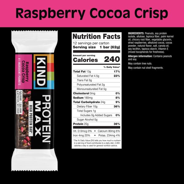 Close-up of raspberry and cocoa drizzle on KIND Protein MAX bar for flavor-rich, grab-and-go enjoyment.