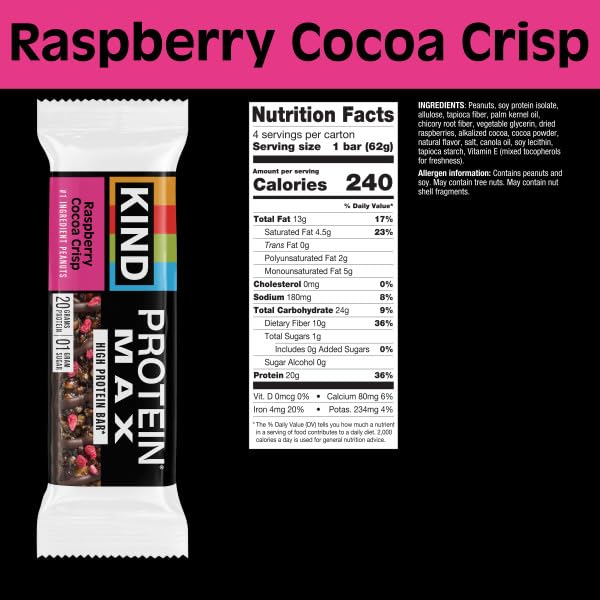 KIND Protein MAX Raspberry Cocoa Crisp bar-pack showcases convenient, low-sugar protein.