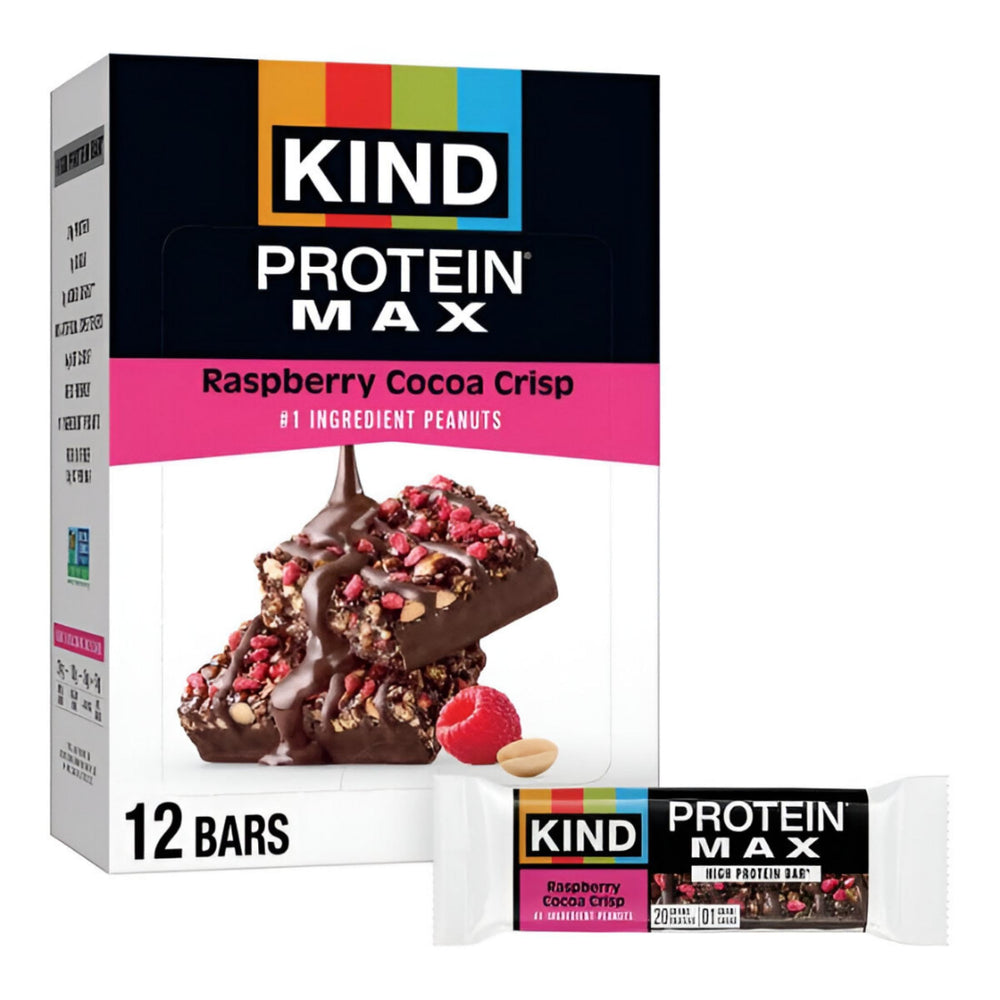 KIND Protein MAX Raspberry Cocoa Crisp packaging highlights wholesome ingredients and protein for on-the-go fueling.