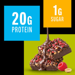 KIND Protein MAX Raspberry Cocoa Crisp nutrition facts panel highlights 20g protein per bar.