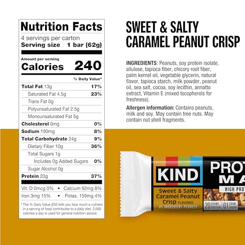 Close-up of KIND Protein MAX bar with caramel and peanuts.
