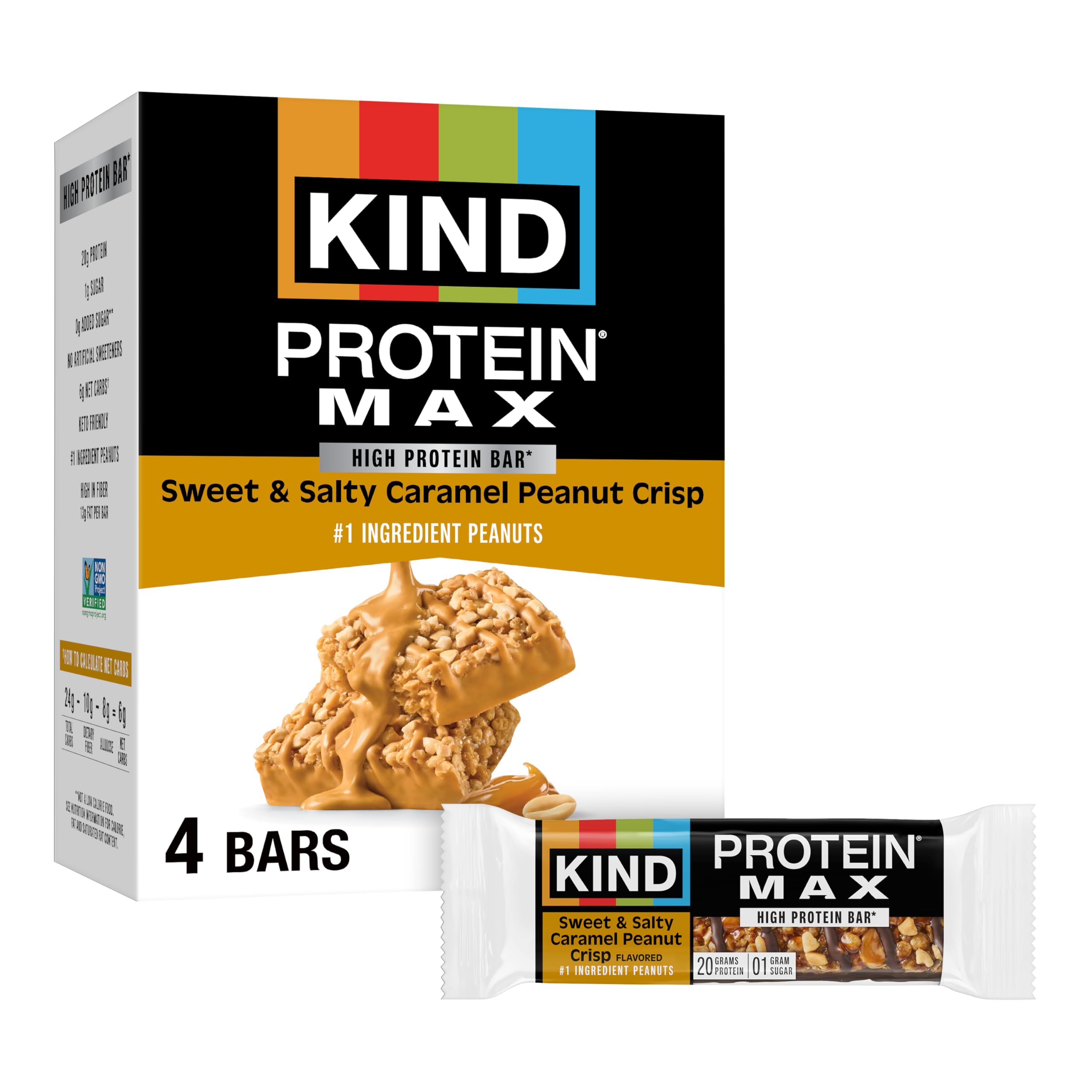 KIND Protein MAX caramel peanut bar in packaging; keto-friendly high-protein snack.